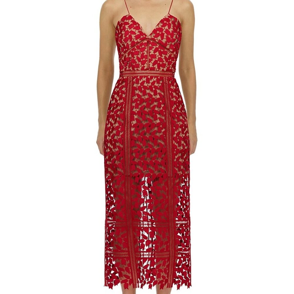 Self-Portrait Arabella Red Floral Lace Midi Dress Size US 2 / UK 6